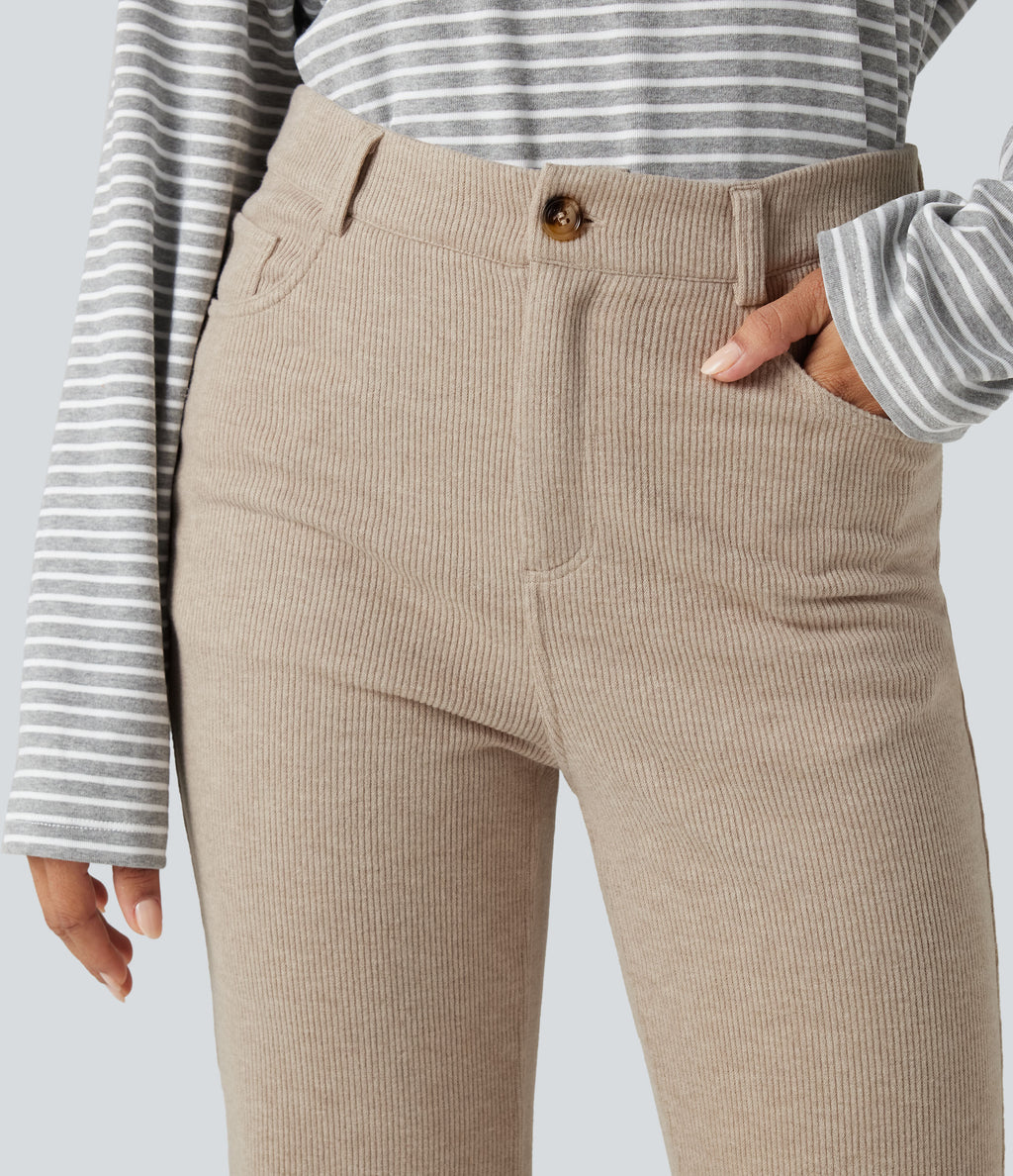 Ribbed High Waisted Fleece Casual Bootcut Trousers with Pockets — Oatstone Beige — view 4