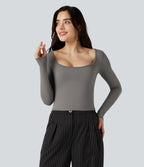 Airy Scoop Neck Long Sleeve Work T-Shirt — Steeple Gray — view 2