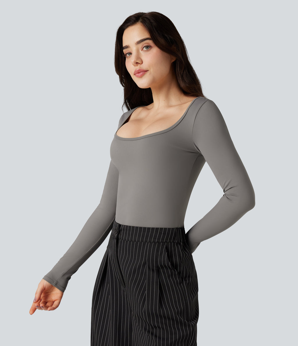 Airy Scoop Neck Long Sleeve Work T-Shirt — Steeple Gray — view 4