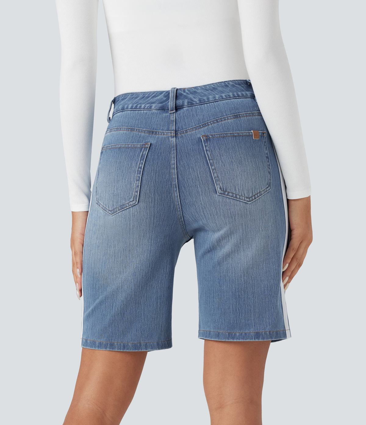 High Waisted Stripe Denim Casual Shorts with Pockets — Malibu Blue Denim — view 3