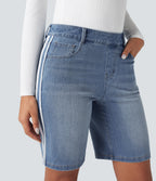 High Waisted Stripe Denim Casual Shorts with Pockets — Malibu Blue Denim — view 4
