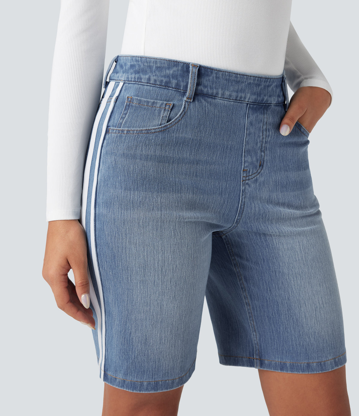 High Waisted Stripe Denim Casual Shorts with Pockets — Malibu Blue Denim — view 4