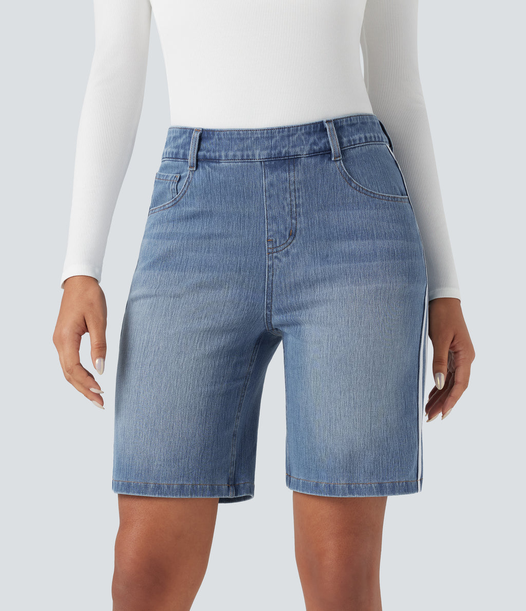 High Waisted Stripe Denim Casual Shorts with Pockets — Malibu Blue Denim — view 2