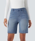 High Waisted Stripe Denim Casual Shorts with Pockets — Malibu Blue Denim — view 2
