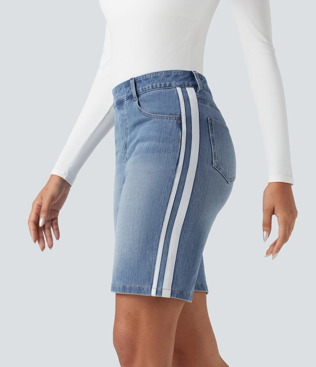 High Waisted Stripe Denim Casual Shorts with Pockets — Malibu Blue Denim — view 1