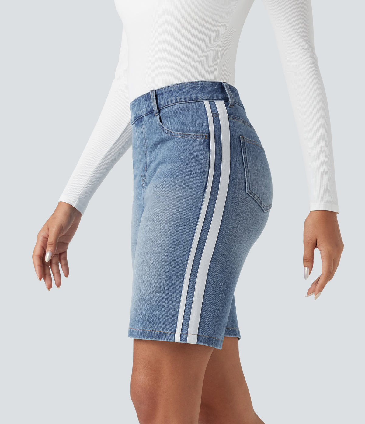 High Waisted Stripe Denim Casual Shorts with Pockets — Malibu Blue Denim — view 1