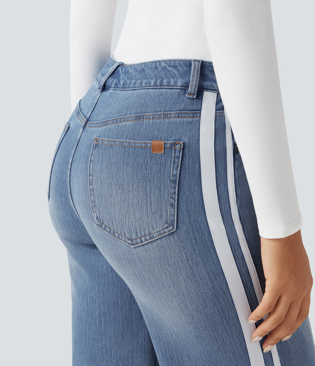 High Waisted Stripe Denim Casual Shorts with Pockets — Malibu Blue Denim — view 5