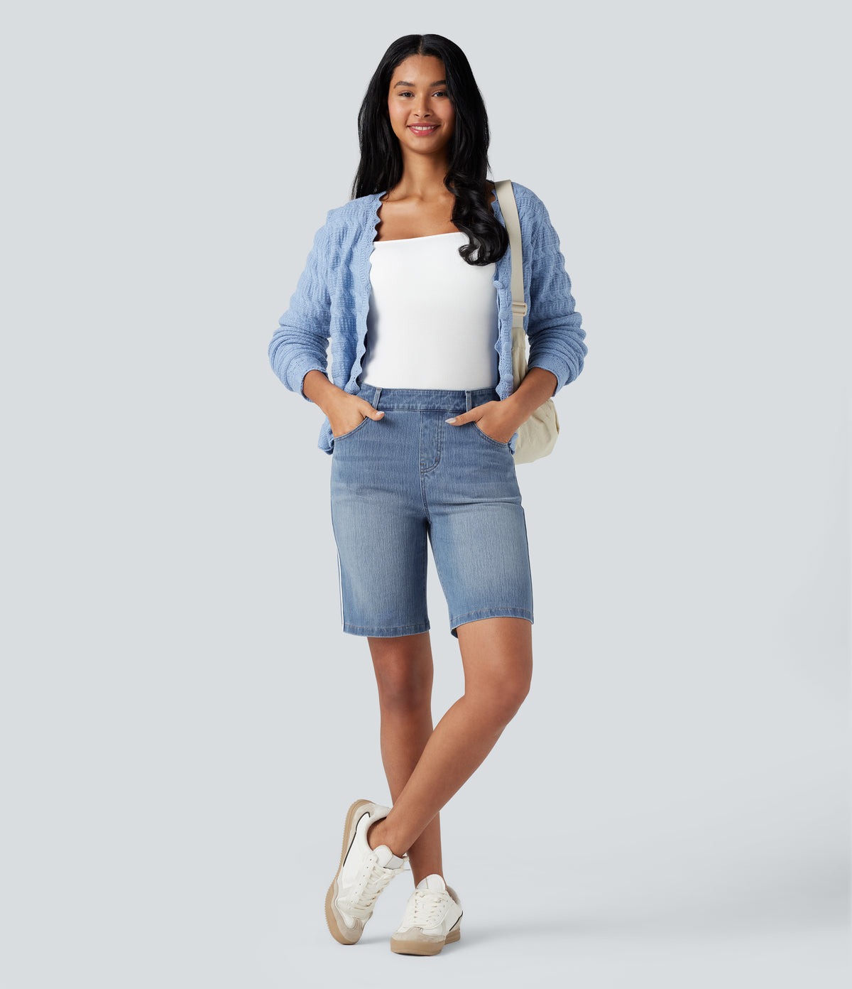 High Waisted Stripe Denim Casual Shorts with Pockets — Malibu Blue Denim — view 6