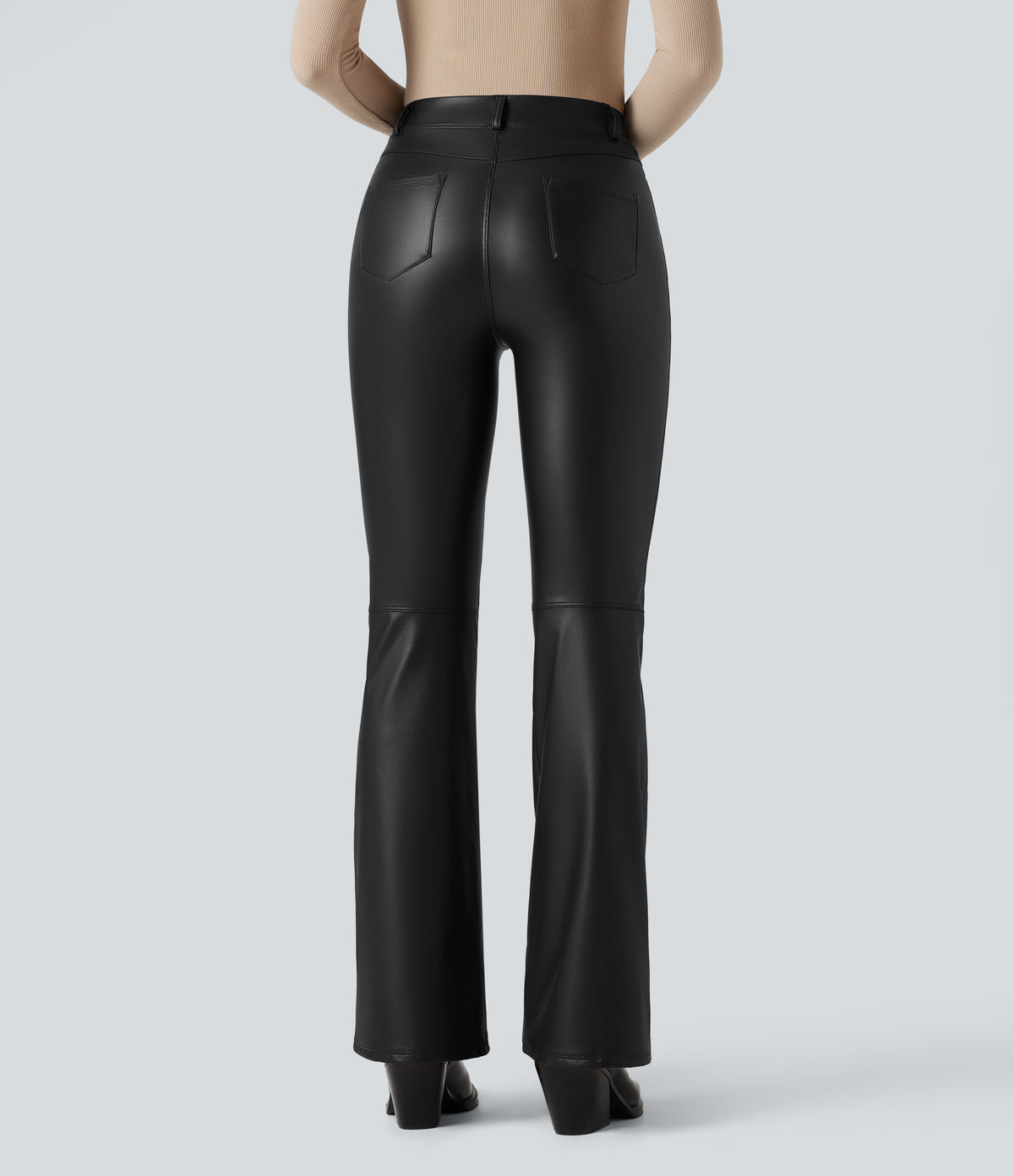 Asymmetric High Waisted Tummy Control Stretchy PU Faux Leather Fleece Casual Flared Trousers with Pockets — Black — view 3