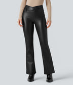 Asymmetric High Waisted Tummy Control Stretchy PU Faux Leather Fleece Casual Flared Trousers with Pockets — Black — view 2