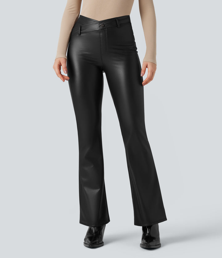 Asymmetric High Waisted Tummy Control Stretchy PU Faux Leather Fleece Casual Flared Trousers with Pockets — Black — view 2