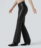 Asymmetric High Waisted Tummy Control Stretchy PU Faux Leather Fleece Casual Flared Trousers with Pockets — Black — view 4