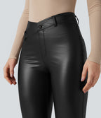 Asymmetric High Waisted Tummy Control Stretchy PU Faux Leather Fleece Casual Flared Trousers with Pockets — Black — view 5