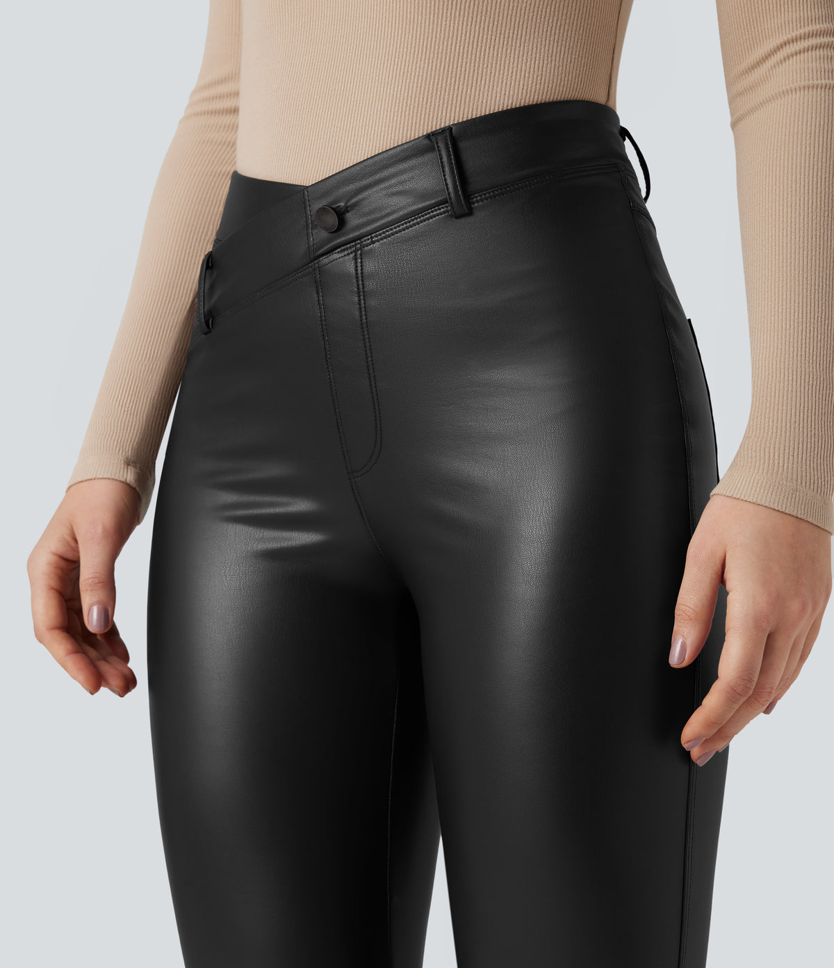 Asymmetric High Waisted Tummy Control Stretchy PU Faux Leather Fleece Casual Flared Trousers with Pockets — Black — view 5