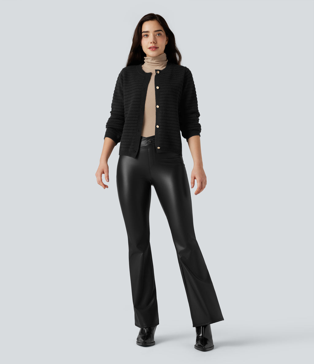 Asymmetric High Waisted Tummy Control Stretchy PU Faux Leather Fleece Casual Flared Trousers with Pockets — Black — view 8