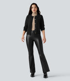 Asymmetric High Waisted Tummy Control Stretchy PU Faux Leather Fleece Casual Flared Trousers with Pockets — Black — view 8