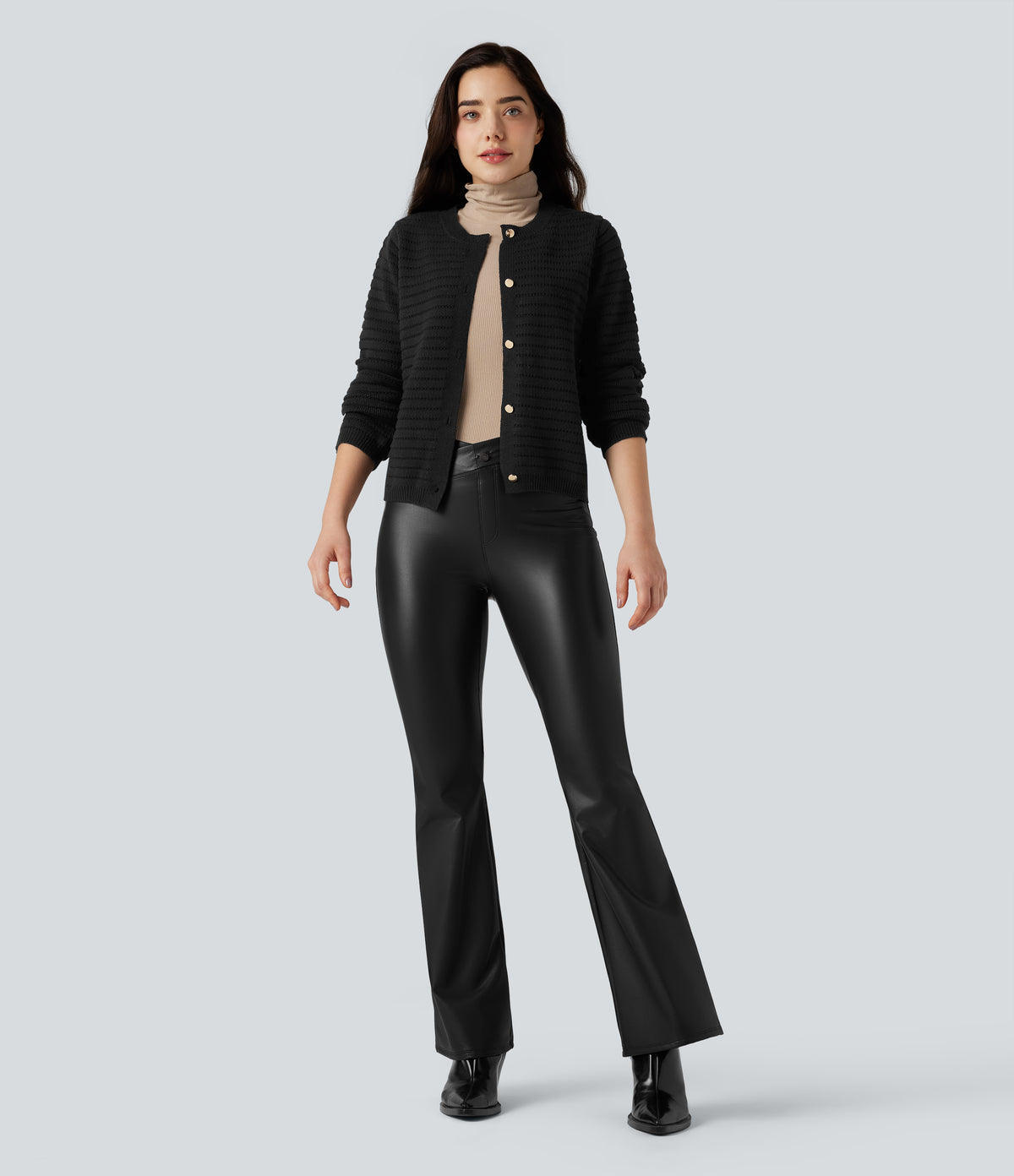 Asymmetric High Waisted Tummy Control Stretchy PU Faux Leather Fleece Casual Flared Trousers with Pockets — Black — view 8