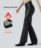 Asymmetric High Waisted Tummy Control Stretchy PU Faux Leather Fleece Casual Flared Trousers with Pockets — Black — view 1