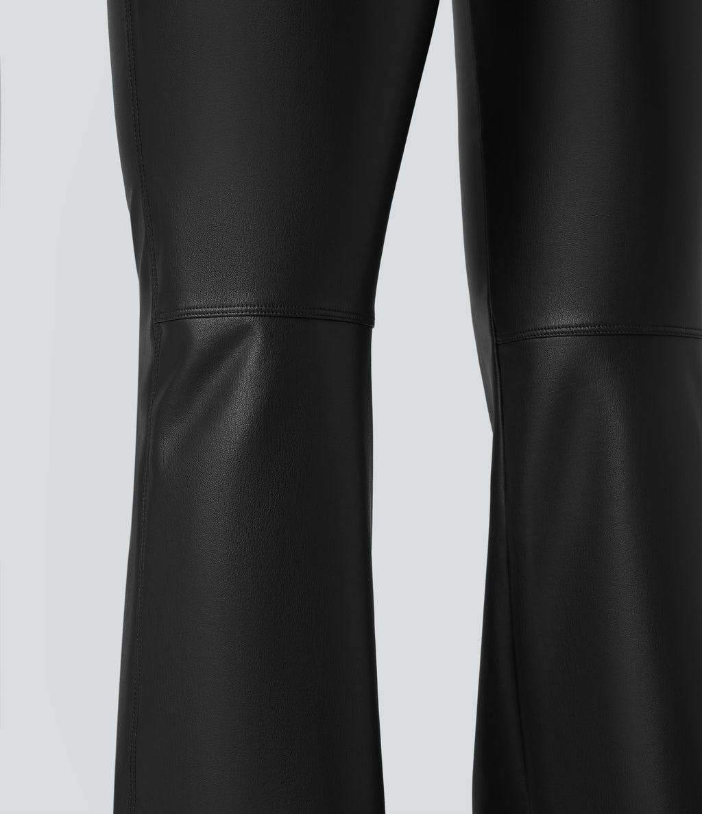 Asymmetric High Waisted Tummy Control Stretchy PU Faux Leather Fleece Casual Flared Trousers with Pockets — Black — view 7