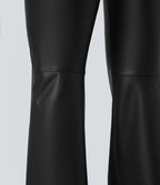 Asymmetric High Waisted Tummy Control Stretchy PU Faux Leather Fleece Casual Flared Trousers with Pockets — Black — view 7