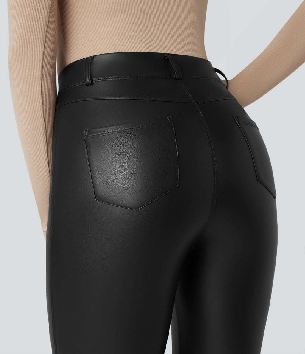 Asymmetric High Waisted Tummy Control Stretchy PU Faux Leather Fleece Casual Flared Trousers with Pockets — Black — view 6