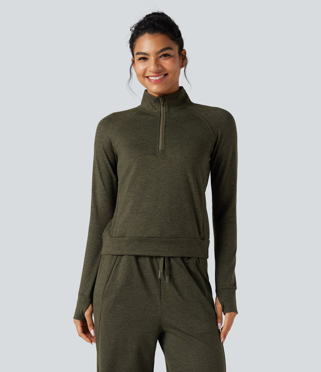 Half Zipper Thumb Holes Quick Dry Fleece Casual Heathered Warming Sweatshirt with Pockets-UPF40+ — Shadow Moss — view 2