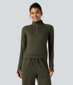 Half Zipper Thumb Holes Quick Dry Fleece Casual Heathered Warming Sweatshirt with Pockets-UPF40+ — Shadow Moss — view 2