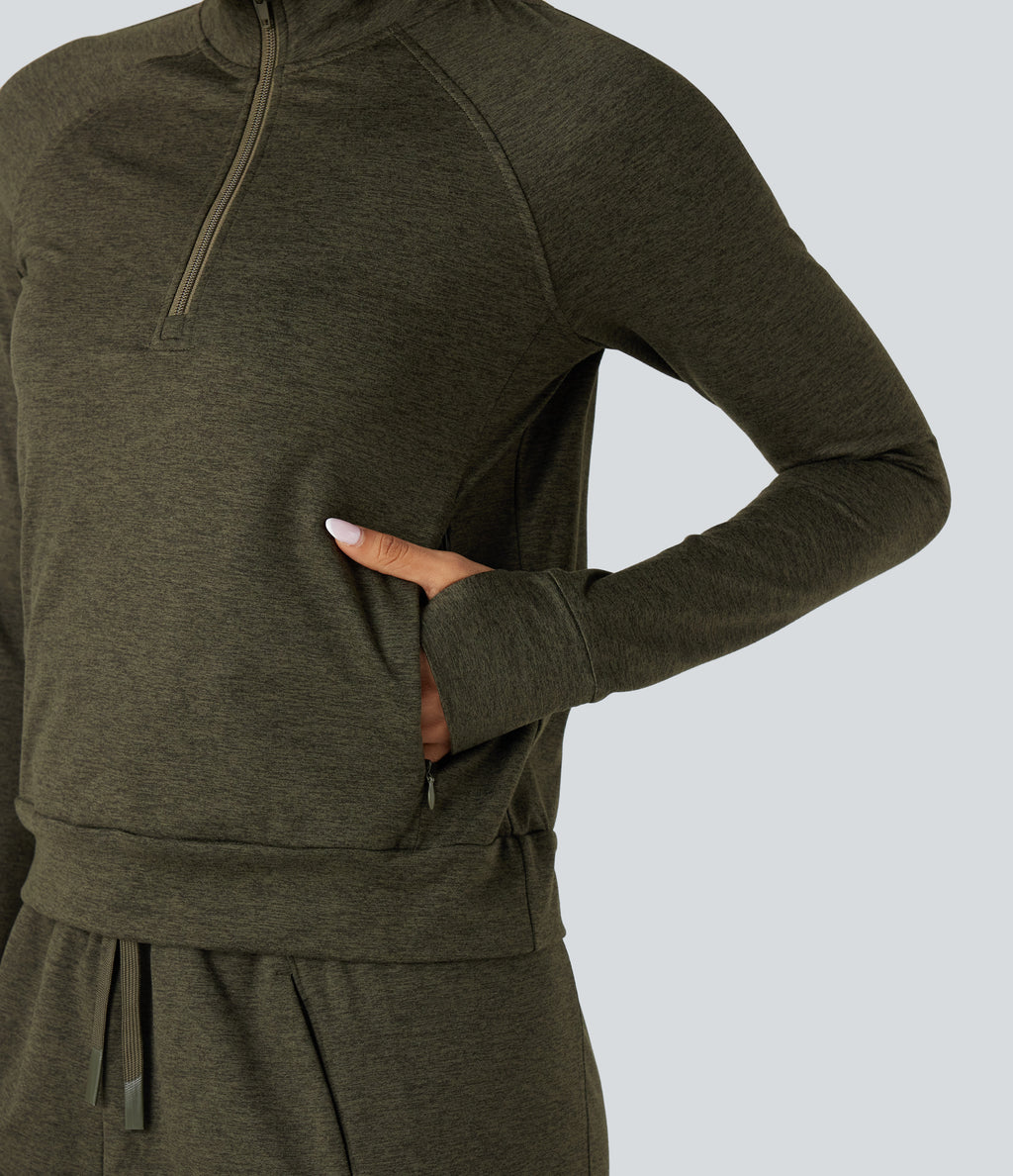 Half Zipper Thumb Holes Quick Dry Fleece Casual Heathered Warming Sweatshirt with Pockets-UPF40+ — Shadow Moss — view 5