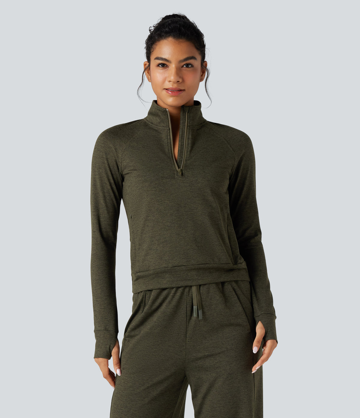 Half Zipper Thumb Holes Quick Dry Fleece Casual Heathered Warming Sweatshirt with Pockets-UPF40+ — Shadow Moss — view 7