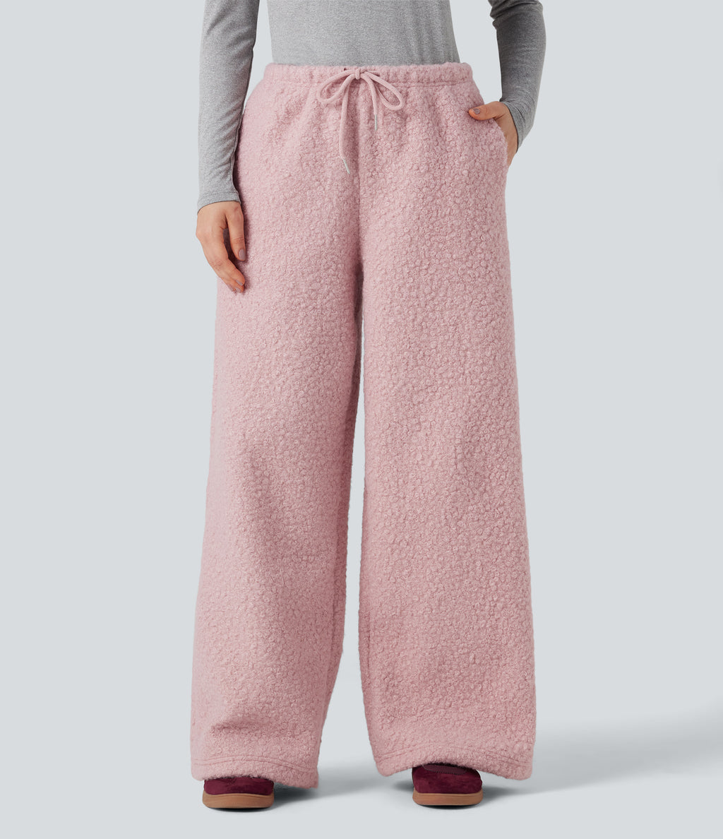 Mid Rise Drawstring Teddy Casual Wide Leg Trousers with Pockets — Dirty Pink — view 2