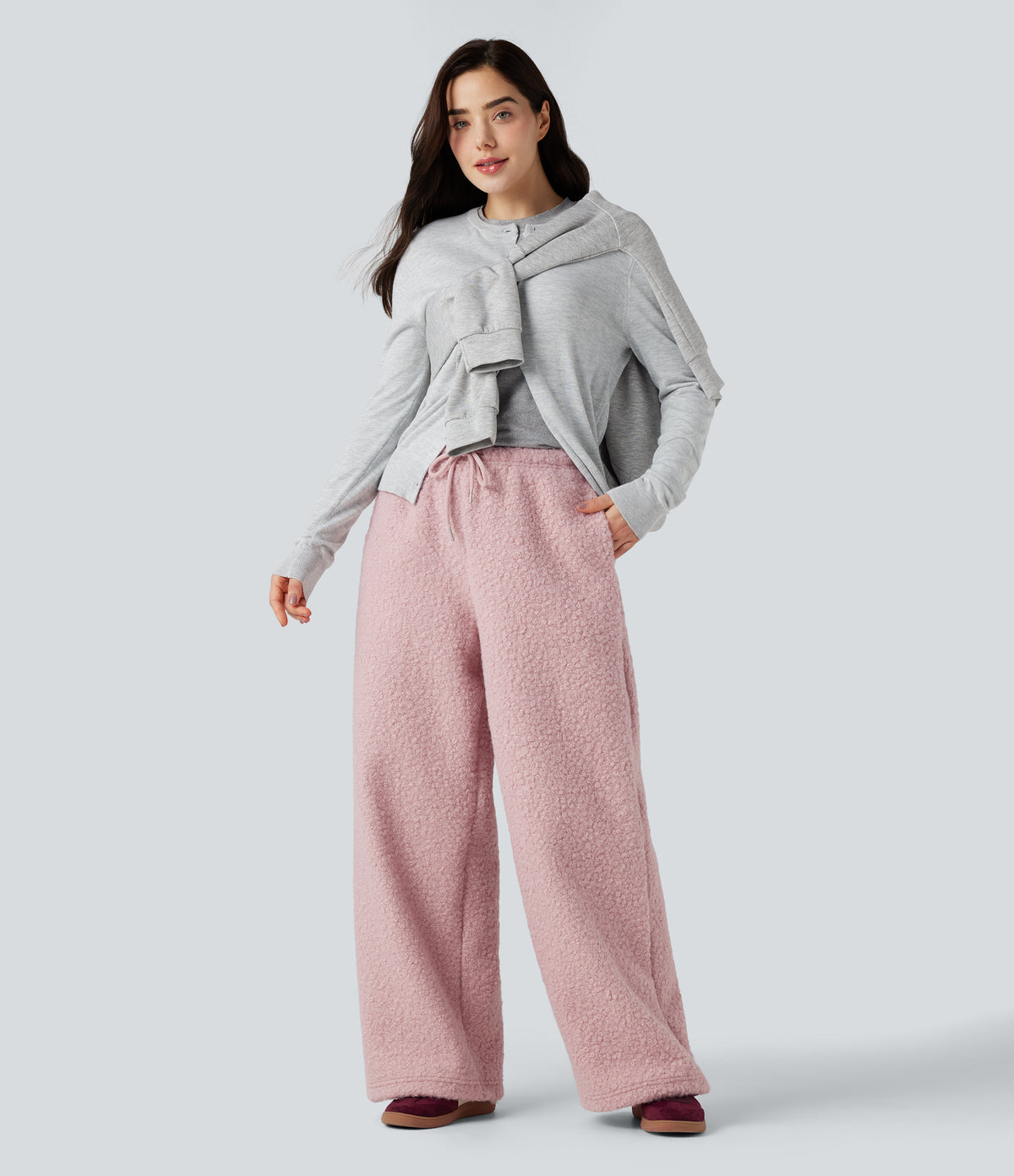 Mid Rise Drawstring Teddy Casual Wide Leg Trousers with Pockets — Dirty Pink — view 6