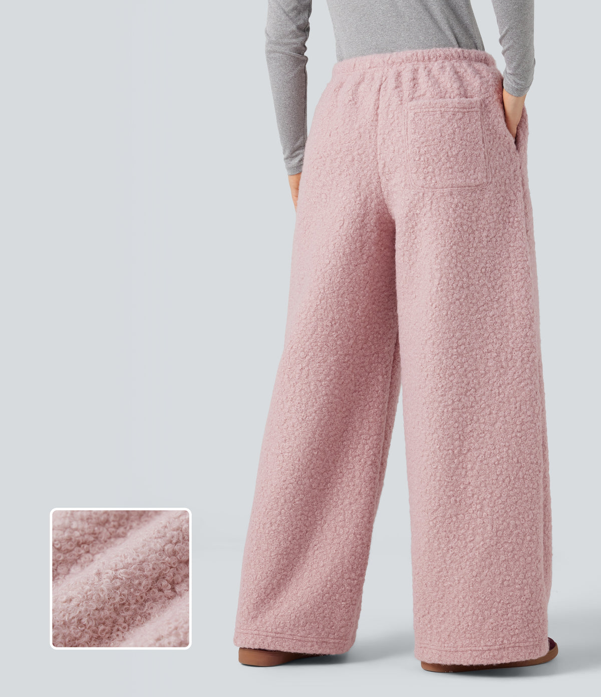 Mid Rise Drawstring Teddy Casual Wide Leg Trousers with Pockets — Dirty Pink — view 1