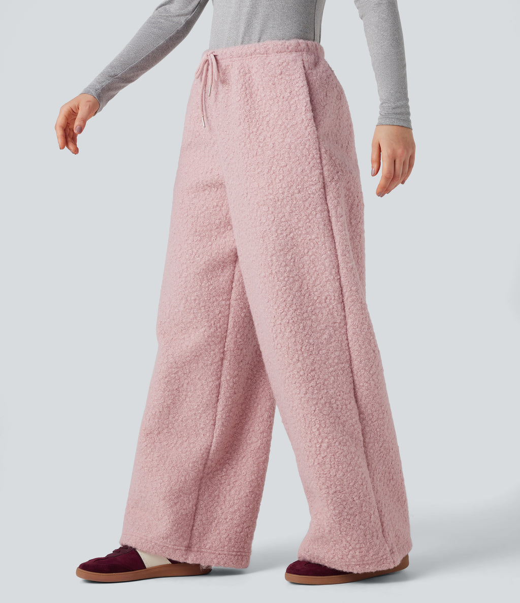 Mid Rise Drawstring Teddy Casual Wide Leg Trousers with Pockets — Dirty Pink — view 3