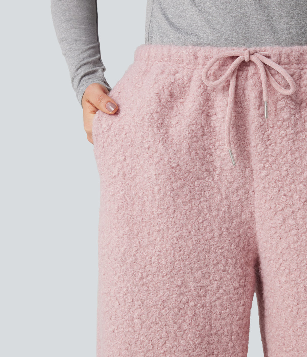 Mid Rise Drawstring Teddy Casual Wide Leg Trousers with Pockets — Dirty Pink — view 5