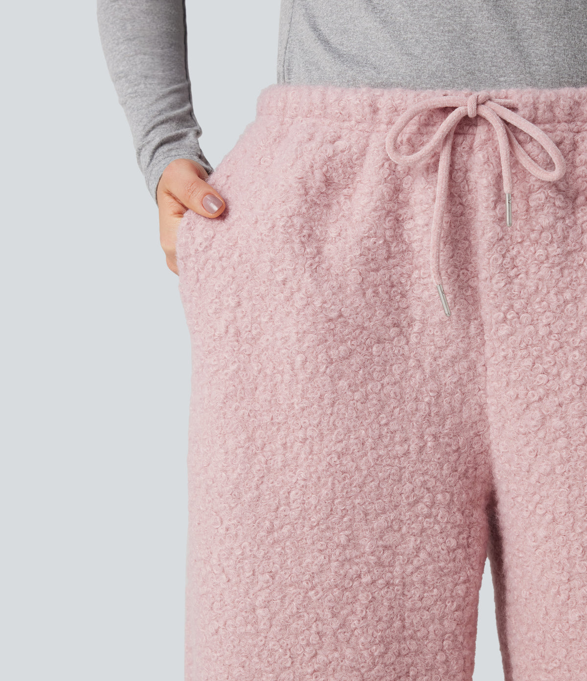 Mid Rise Drawstring Teddy Casual Wide Leg Trousers with Pockets — Dirty Pink — view 5