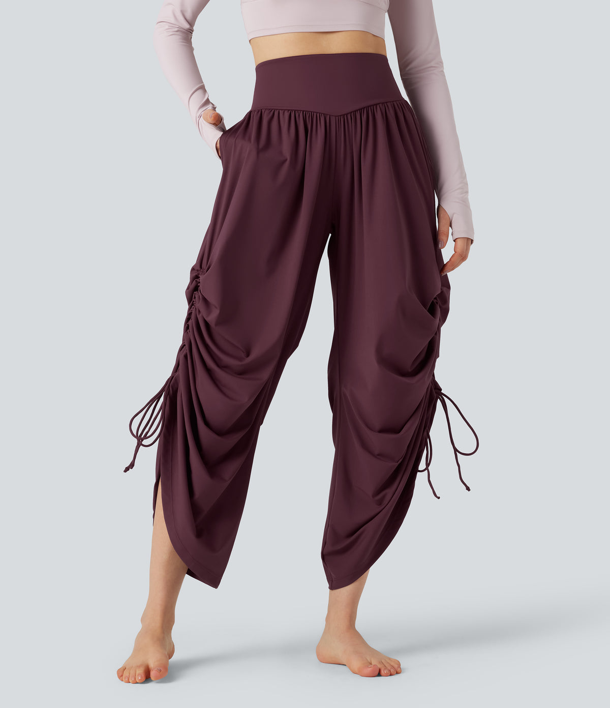 Airy High-waisted Drawstring Ruched Yoga Baggy Trousers with Pockets — Fig — view 2