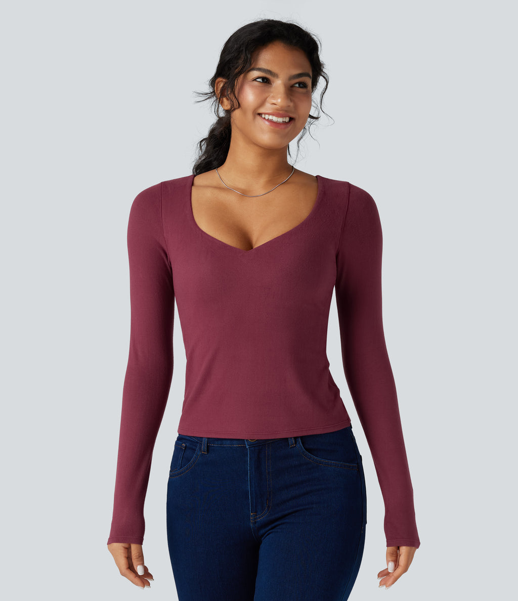 HeatCore Push-Up Long Sleeve Casual Warming Top A/B Cup — Cordovan — view 4