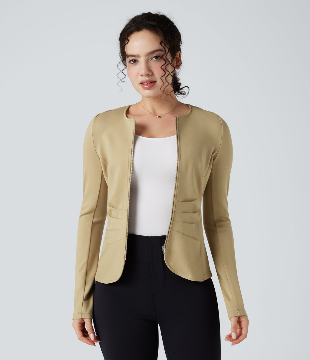 Round Neck Long Sleeve Ruched Zip Fly Work Blazer — Taos Taupe — view 1