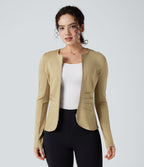Round Neck Long Sleeve Ruched Zip Fly Work Blazer — Taos Taupe — view 1