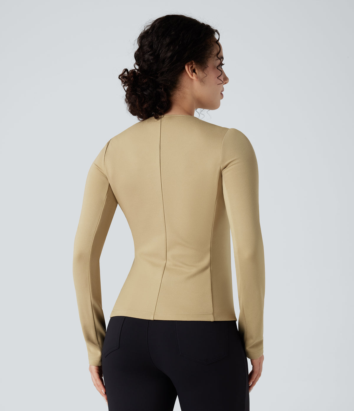 Round Neck Long Sleeve Ruched Zip Fly Work Blazer — Taos Taupe — view 2