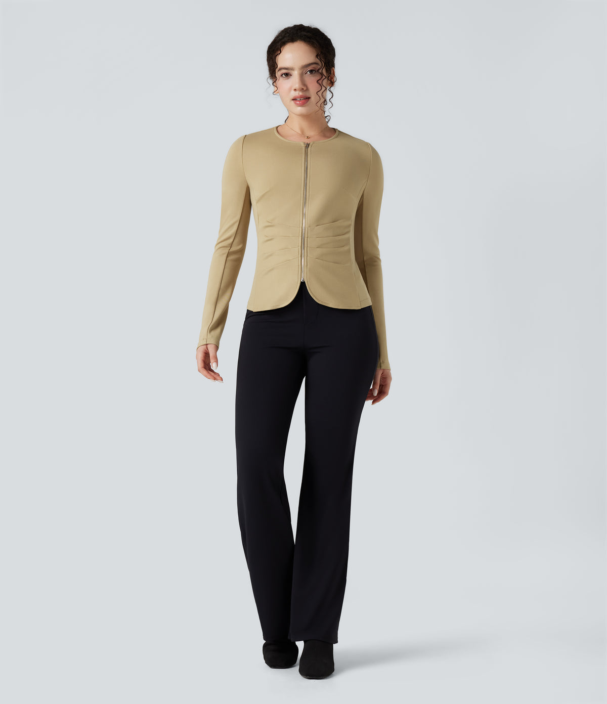 Round Neck Long Sleeve Ruched Zip Fly Work Blazer — Taos Taupe — view 7
