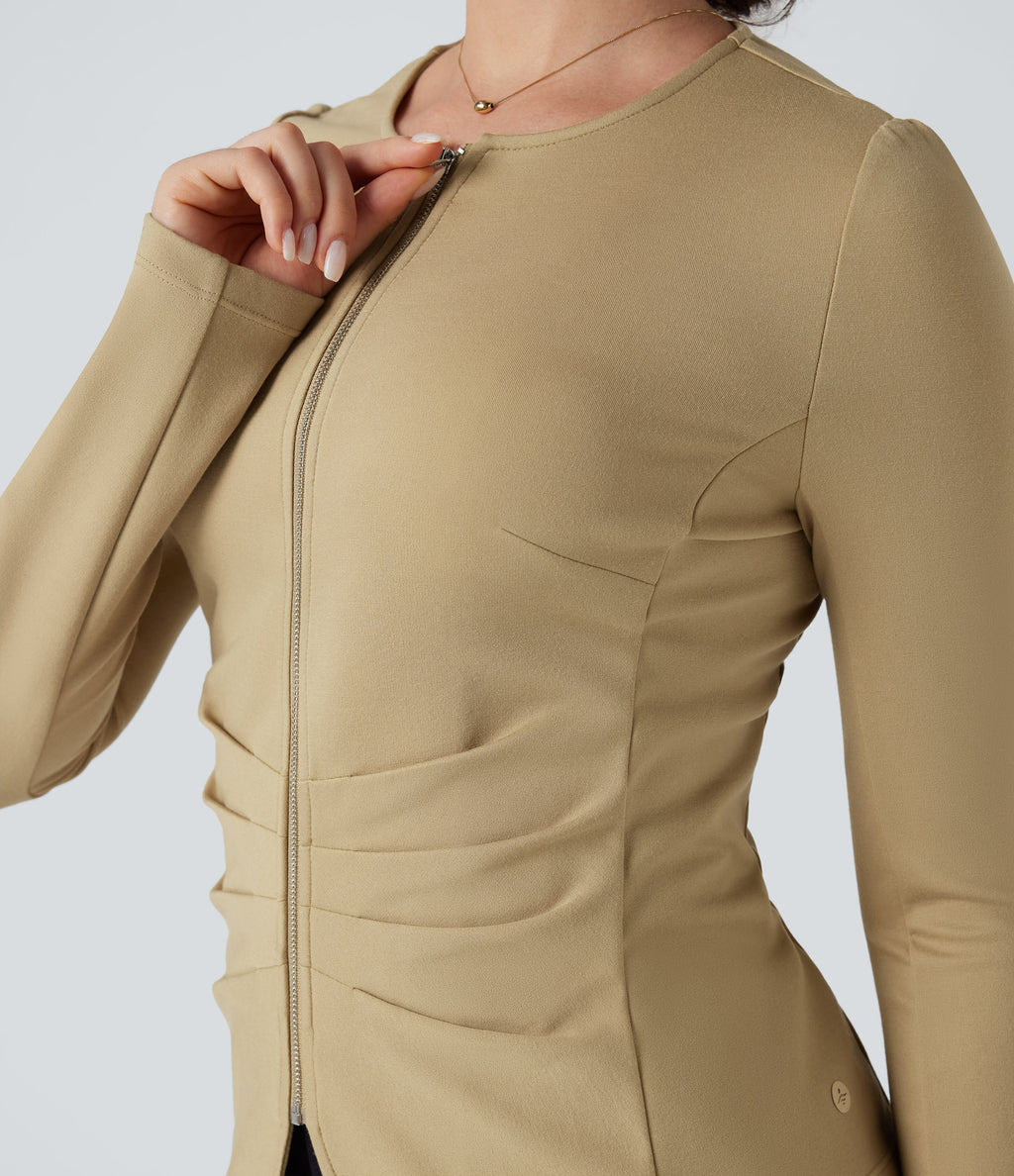 Round Neck Long Sleeve Ruched Zip Fly Work Blazer — Taos Taupe — view 4