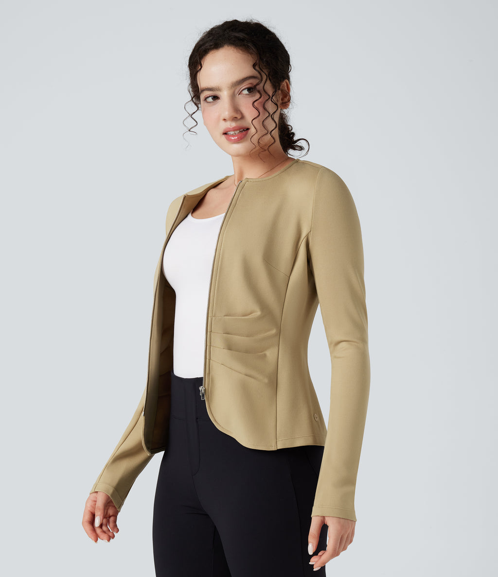 Round Neck Long Sleeve Ruched Zip Fly Work Blazer — Taos Taupe — view 3