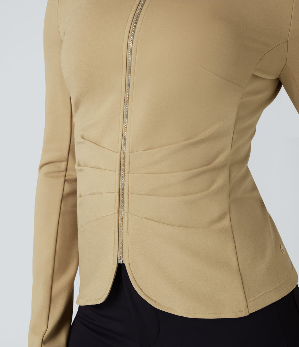 Round Neck Long Sleeve Ruched Zip Fly Work Blazer — Taos Taupe — view 5
