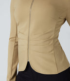 Round Neck Long Sleeve Ruched Zip Fly Work Blazer — Taos Taupe — view 5