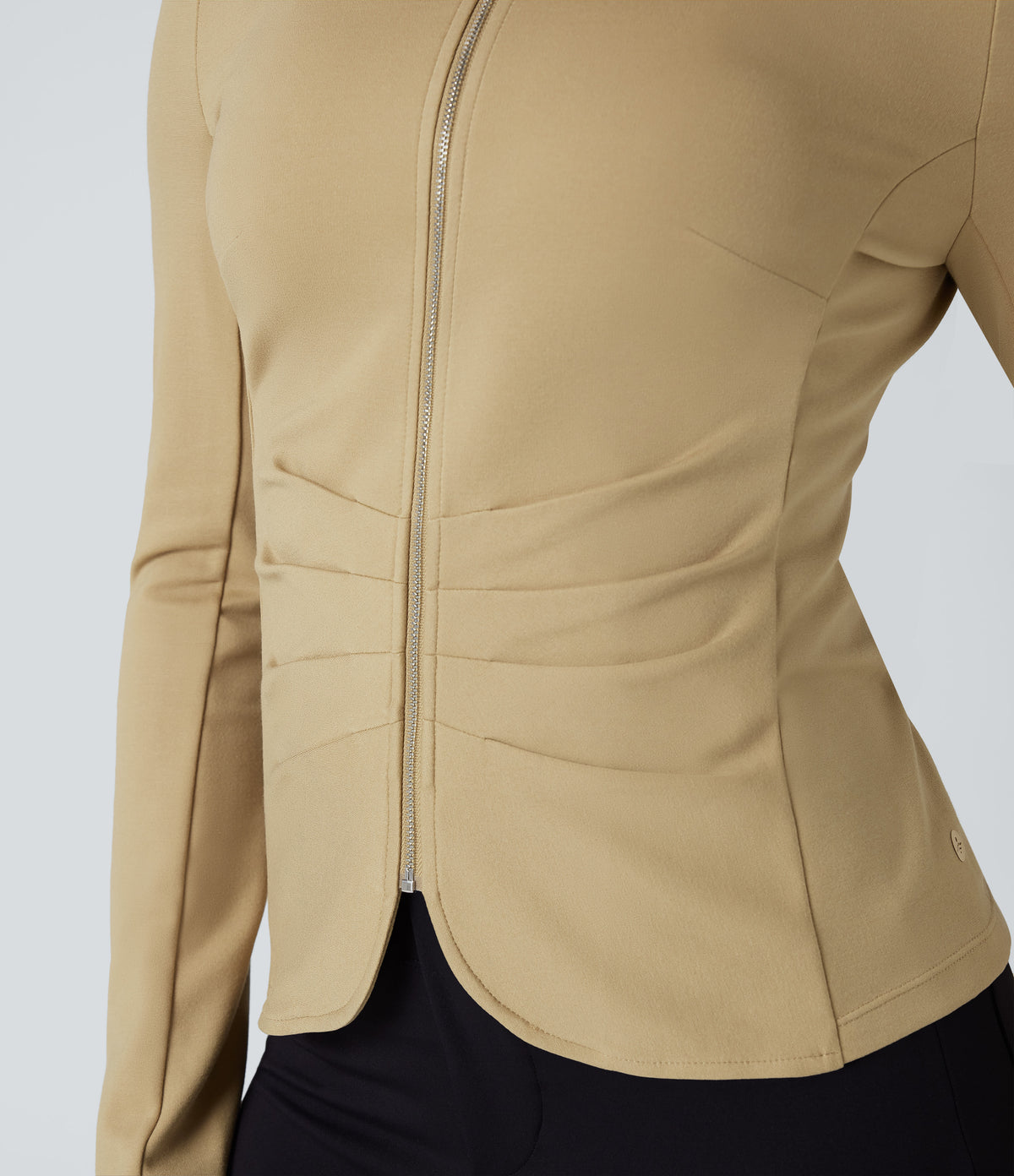 Round Neck Long Sleeve Ruched Zip Fly Work Blazer — Taos Taupe — view 5