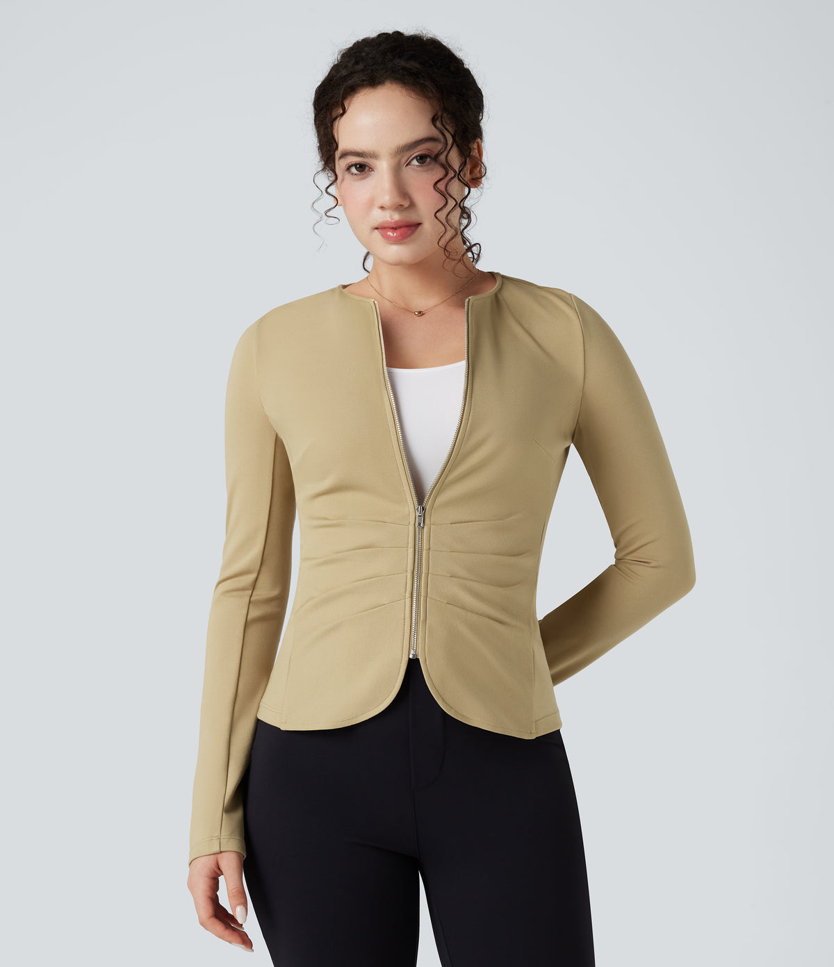 Round Neck Long Sleeve Ruched Zip Fly Work Blazer — Taos Taupe — view 6