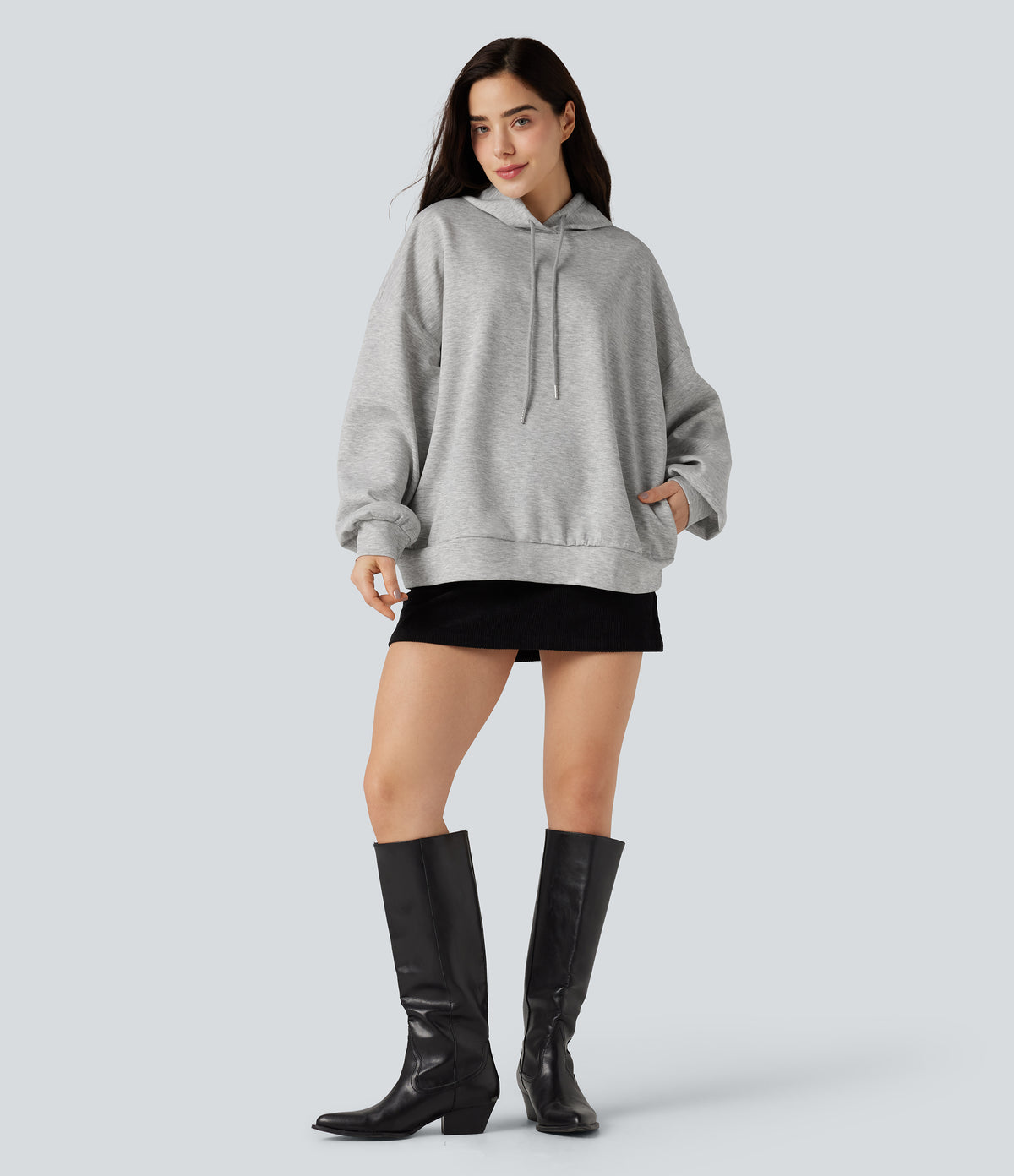 Hooded Long Sleeve Casual Sweatshirt with Pockets — Fog Gray — view 5