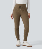 PuffFlex High Waisted Drawstring Casual Quilted Joggers with Pockets — Chestnut Brown — view 3