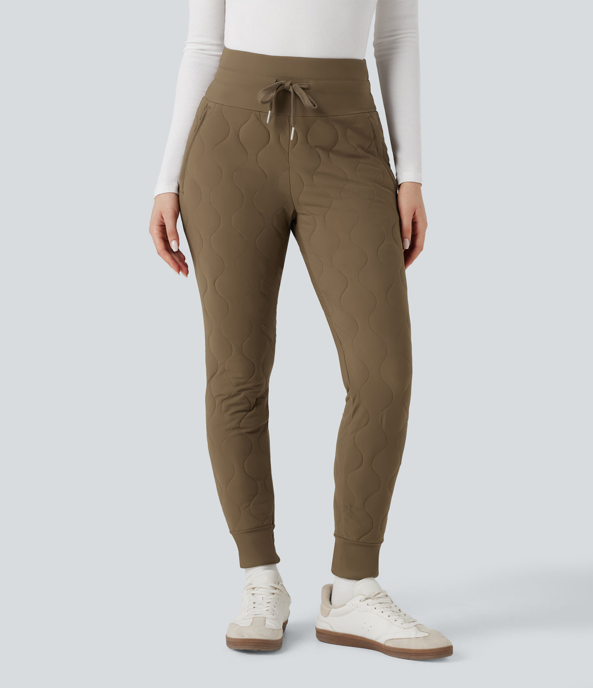 PuffFlex High Waisted Drawstring Casual Quilted Joggers with Pockets — Chestnut Brown — view 3